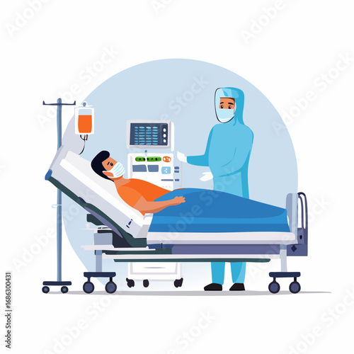 Doctor in protective suit attending to patient lying in hospital bed with iv drip and medical equipment, showcasing healthcare during pandemic.