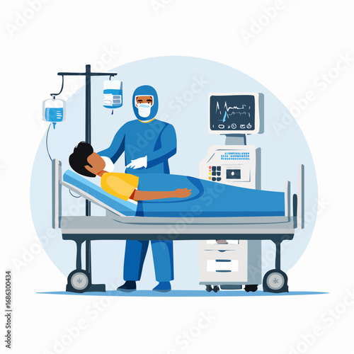 Doctor tending to patient in hospital bed, monitoring vital signs and providing medical care with compassion and expertise in a modern healthcare setting.