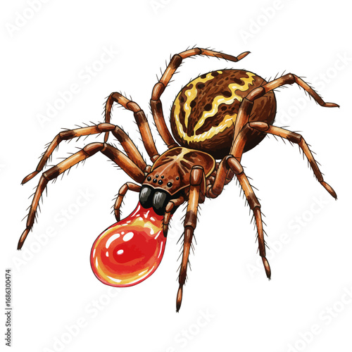 Detailed vector illustration of a venomous spider with a patterned abdomen, shown dripping a glossy red drop of poison from its fangs