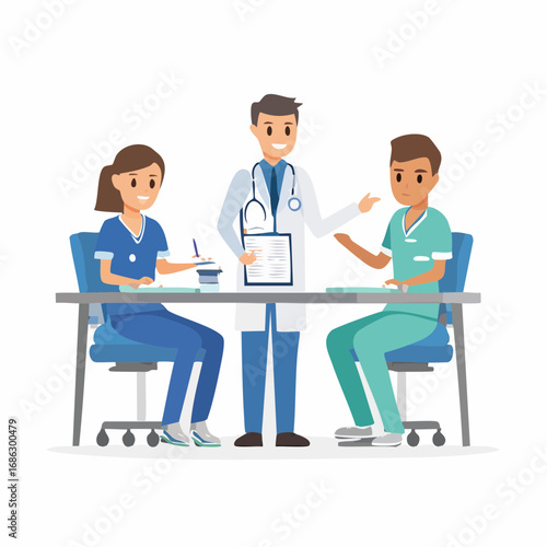 Medical team discussing patient case at hospital conference table, showcasing collaboration and expertise in a professional setting, creating a sense of teamwork and dedication.