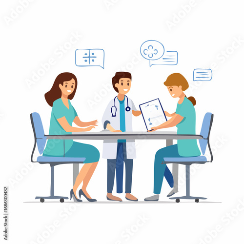 Medical team discussing patient's case at a table in a hospital, collaborating on treatment plans with charts and speech bubbles, in a professional atmosphere.