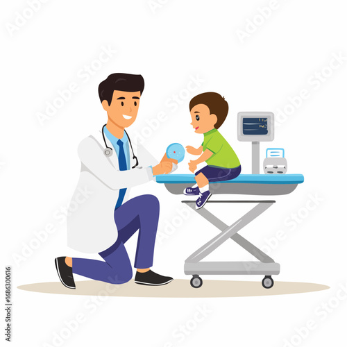 Friendly doctor examining young boy's reflexes with small hammer in bright clinic during routine checkup, promoting health and wellbeing.