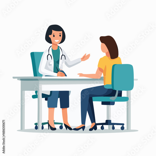 Smiling female doctor consulting with patient at her desk in bright office, providing medical advice and support in a caring and professional manner.