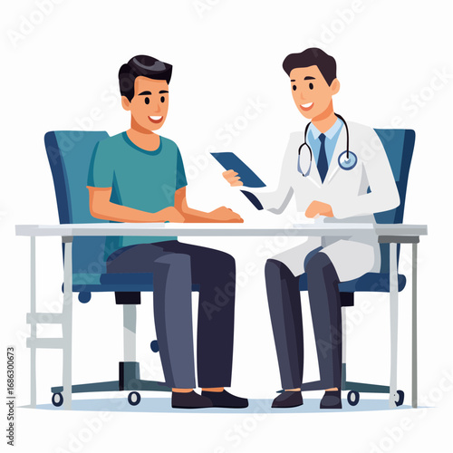 Smiling young man consulting with friendly doctor in bright office during routine checkup, fostering trust and wellbeing.