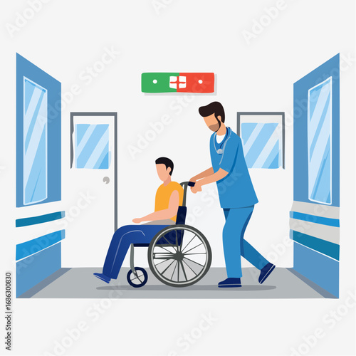 Nurse assisting patient in wheelchair down hospital hallway, providing care and support in a modern healthcare setting, conveying compassion and healing.
