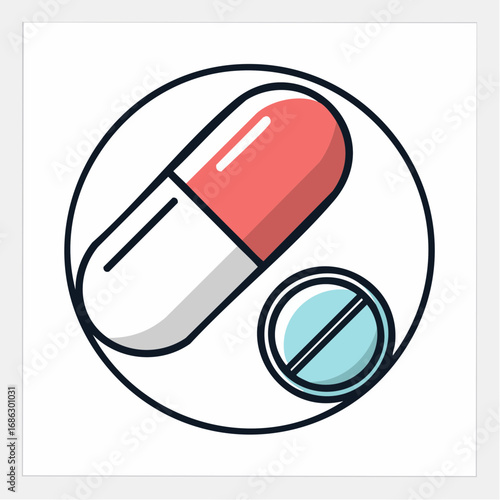 Capsule and tablet representing medication for illness treatment within a circular frame, symbolizing health and medical care.