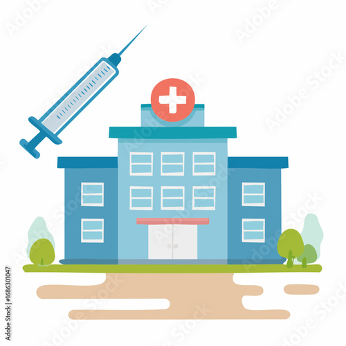 Hospital building receives a vaccine injection, symbolizing healthcare and immunization against diseases in a modern, clean style.