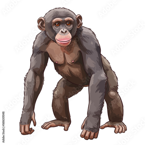 A detailed vector illustration of a young chimpanzee standing in a natural pose, isolated on a clean white background wildlife art