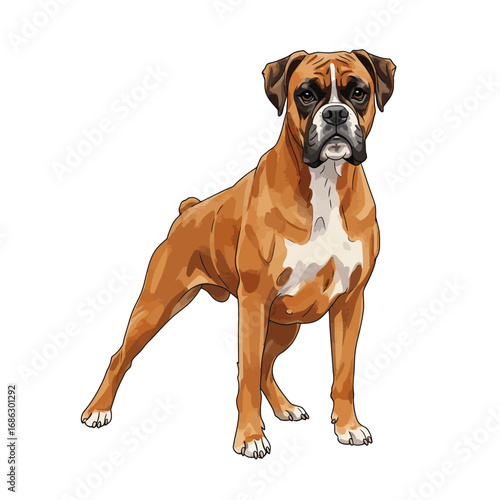 Vector illustration of a majestic fawn Boxer dog standing alert. Detailed, full-body portrait with a clean artistic, watercolor style