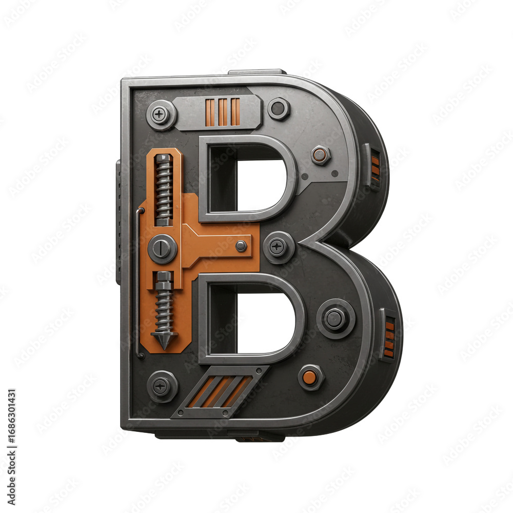 Fototapeta premium A meticulously crafted, three-dimensional, metallic letter B, designed with intricate mechanical details and industrial aesthetics, ready for various creative applications.