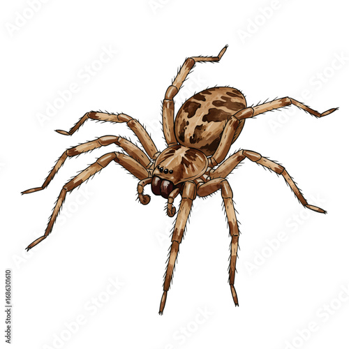 Detailed vector illustration of a brown hunting spider. Realistic arachnid drawing isolated on a white background for entomology