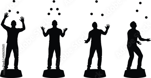 Black silhouette vector illustration of four jugglers performing with multiple balls on circular platforms, representing circus skills, entertainment, balance, and coordination