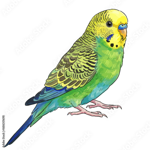 Detailed watercolor vector illustration of a common green and yellow budgerigar. This charming parakeet pet bird is isolated on a white background
