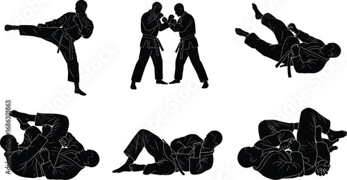 Black silhouette vector illustration set of Brazilian Jiu-Jitsu martial artists demonstrating grappling, submission, and sparring techniques in various combat positions