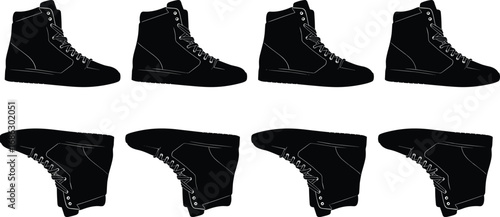 Black silhouette vector illustration set of eight high-top sneakers shown from multiple angles for fashion, footwear, branding, and design graphics
