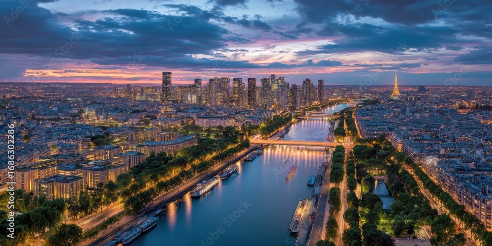 Fototapeta premium Stunning cityscape with vibrant skyline river view sunset colors modern architecture skyscrapers aerial perspective urban landscape twilight glow waterfront scene city lights
