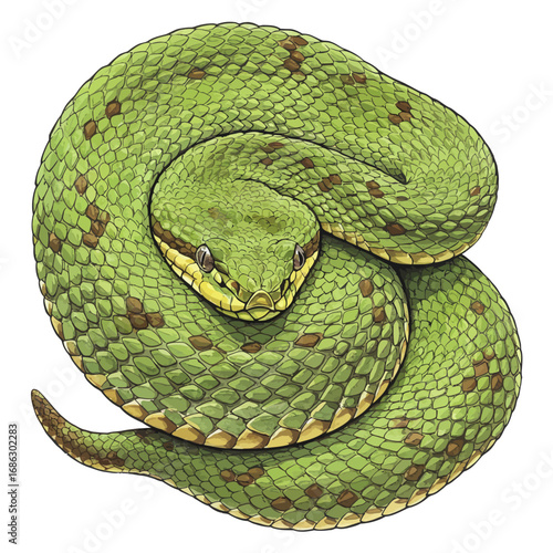 Detailed vector illustration of a coiled green viper snake, showcasing its intricate scales and vibrant patterns, isolated on a clean white background