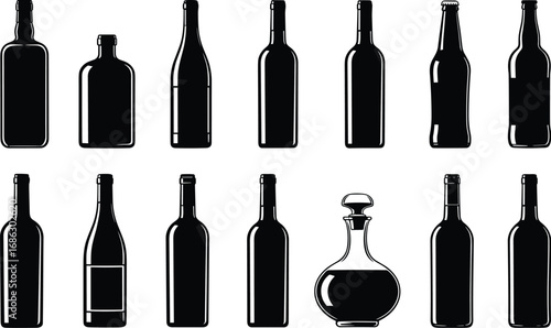 Black silhouette vector illustration set of fourteen unique bottle shapes including wine, liquor, and decanter for packaging, beverage, and branding design