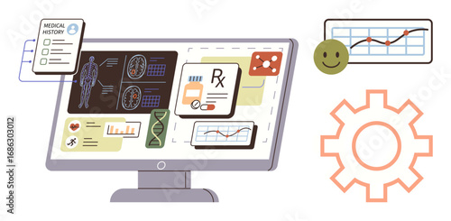 Wallpaper Mural Computer screen displaying patient s medical history, diagnostic reports, and charts. Includes health-related icons, happy face, and settings gear. Ideal for healthcare, data analysis, digital tools Torontodigital.ca