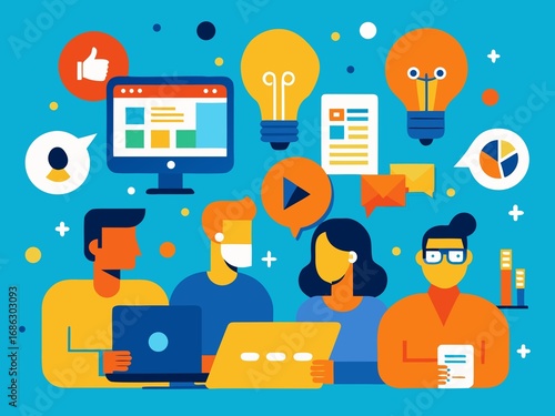 Diverse team collaborating on creative projects with digital tools and bright ideas