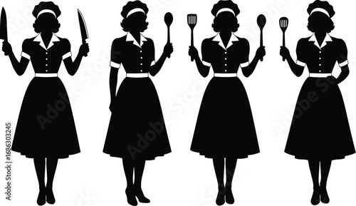 Black silhouette vector illustration set of retro maid figures in kitchen uniforms holding utensils for culinary, domestic, vintage, and household design