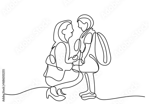 continuous line drawing of a mother kneeling to encourage her daughter, who is wearing a backpack, love, care, and support before going to school.Minimalist black linear isolated on white background.