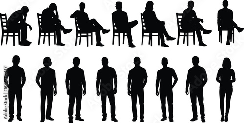 Black silhouette vector illustration set of seated and standing human poses for posture analysis, ergonomic design, animation, and body language studies