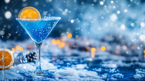 A cocktail with gin, decorated with an orange slice and snowflakes on a blue background. A blue cocktail on a snowy background.