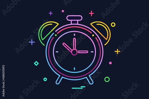 Bright neon glowing alarm clock icon for digital design