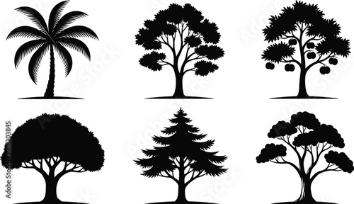 Black silhouette vector illustration set of six different trees including palm, coniferous, deciduous, fruit-bearing, and multi-trunk varieties