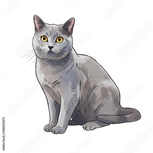 A beautifully detailed watercolor vector illustration of a charming Chartreux cat sitting attentively against a clean white background