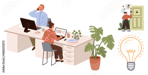 Office scene with professionals at desks using technology, potted plants, a brainstorming light bulb, and a lock emphasizing security. Ideal for teamwork, creativity, problem-solving, innovation