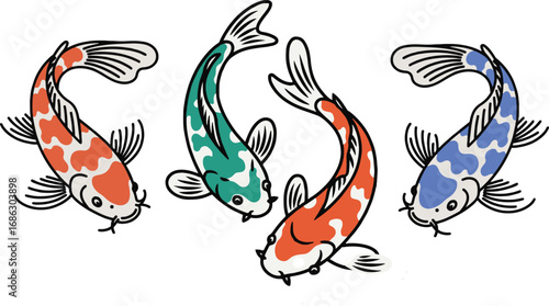 Colorful koi fish swimming in a circle isolated on white background