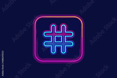 Hashtag inside circle neon glowing minimal line icon for trending