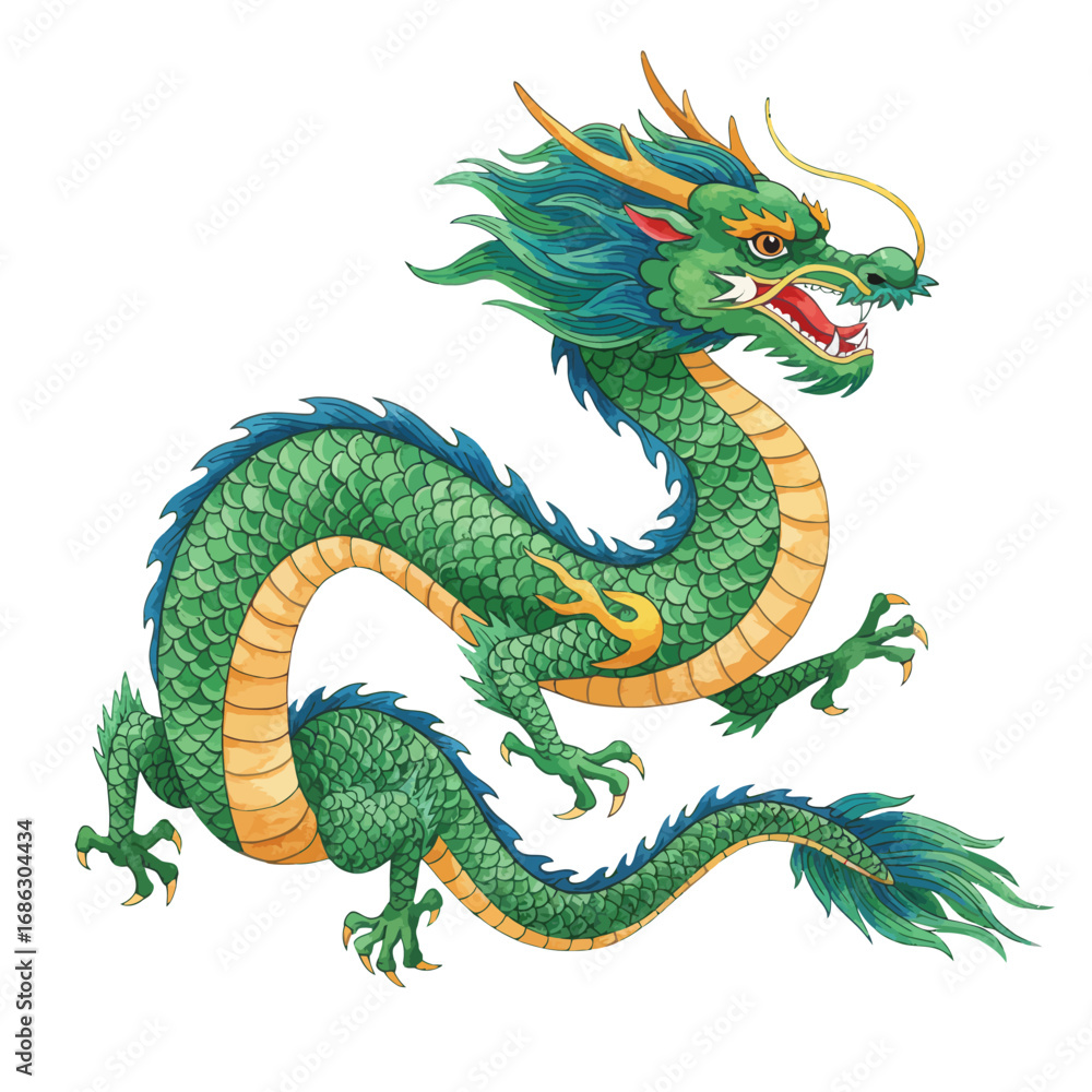 Fototapeta premium A beautifully detailed watercolor vector illustration of a mythical green Chinese water dragon, symbolizing power and good fortune in Asian culture