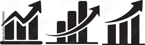 Black and white silhouette illustration of rising business growth charts with arrows, symbolizing success, finance, profit, statistics, investment, economic progress, and analytics.