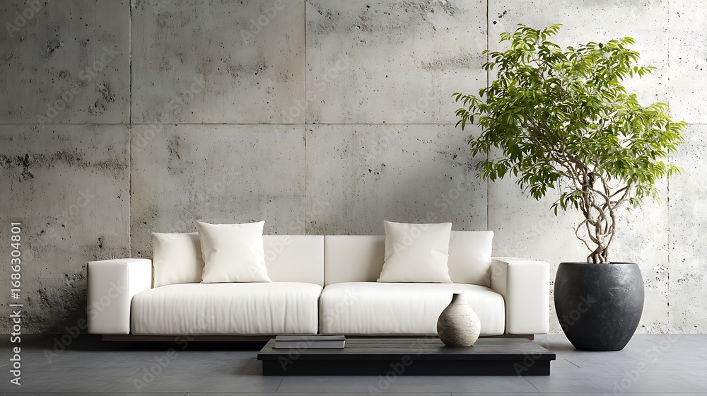 Fototapeta premium moderm living room with white sofa and indoor tree in concreat interior