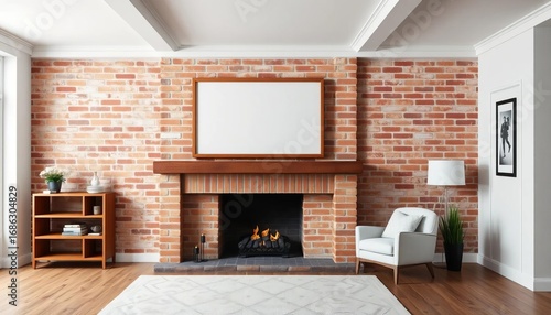 Wallpaper Mural Exposed brick wall living room, empty frame above fireplace, brick wall, blank Torontodigital.ca