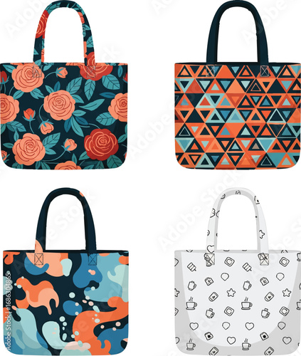 Collection of tote bags displaying various patterns and colors, arranged in a grid, showcasing modern and stylish reusable shopping bags for ecoconscious consumers.