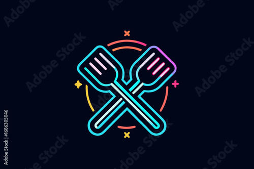 teaspoon and fork crossed in glowing neon minimal line design