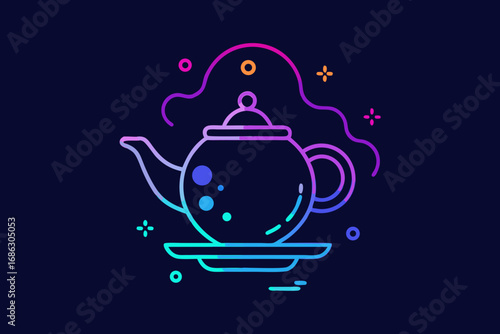 teapot with glowing neon minimal line hot drink illustration