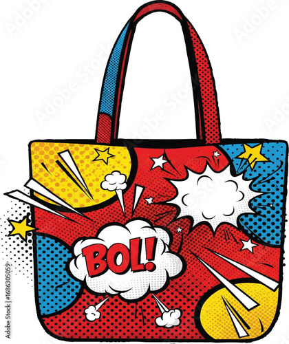 Colorful tote bag displaying comic book style explosion with the word 'BOL!' in a vibrant and playful pop art fashion.