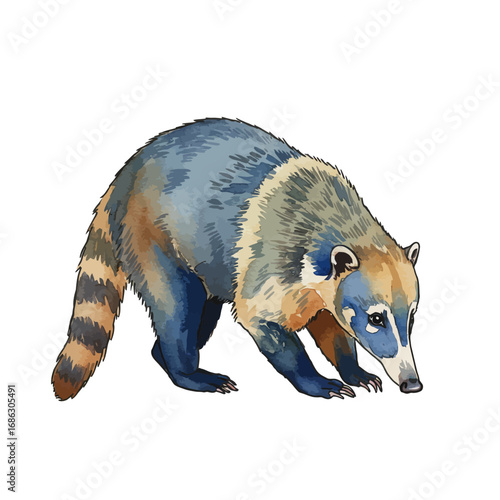 A beautiful watercolor vector drawing of a coati searching for food. This artistic illustration of a wild coatimundi is isolated on a white background