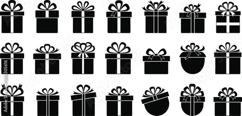 Black silhouette vector illustration set of twenty unique gift boxes with ribbons and bows for holiday, celebration, packaging, and festive design themes