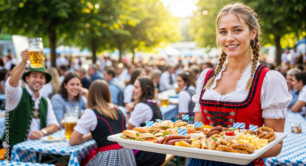 Obraz premium Bavarian Oktoberfest Celebration Featuring Traditional Dirndl Attire Delicious Food and Festive Beer Garden Atmosphere
