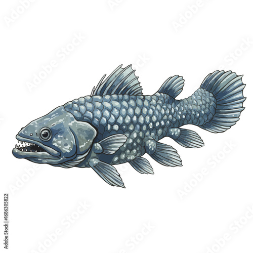 Detailed vector illustration of a Coelacanth, a prehistoric lobe-finned fish. Realistic aquatic wildlife drawing isolated on a white background