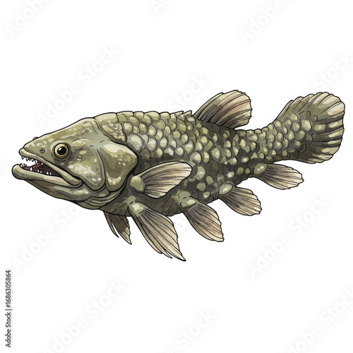 Detailed vector illustration of a coelacanth, a prehistoric lobe-finned fish known as a living fossil, isolated on a white background