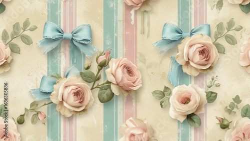 Vintage floral roses pattern with ribbons and stripes elegant romantic aesthetic wallpaper background