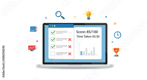 Achieve peak performance with data analytics and success metrics displayed on a modern laptop celebrating achievements with awards and insights, Generative AI.