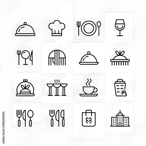 Food, Restaurant, and Dining Icons Set for Cuisine, Meals, and Hospitality